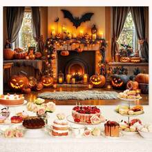 1 pieza/Tapiz de poliéster con bonito fondo de Halloween con calabazas aterradoras y murciélagos - Disponible en varios tamaños - Decoraciones colgantes de poliéster, para decorar en dormitorio, sala de estar, ventana, adecuado para fiesta de jardín, cabina fotográfica y celebración festiva, decoración de Halloween, decoración de fiesta temática - Multicolor - Ver 9
