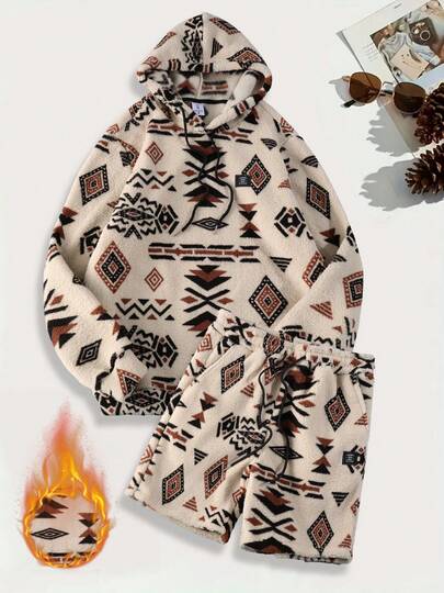 Men's Autumn/Winter Hooded Drawstring Bohemian Style Reversible Sherpa Sweatshirt And Shorts Set