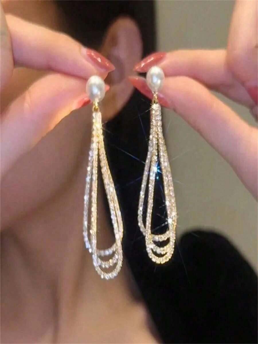 1pair Long Waterdrop Shaped Rhinestone Decor Tassel Earrings With Faux Pearl Detail, Fashionable & Elegant Jewelry - 金色 - 查看 1