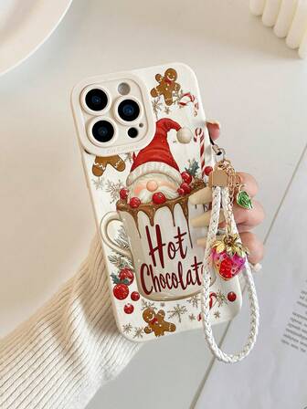 Santa Claus Painted Perforated Beige Painted Phone Case With Wrist Strap, Simple & Fashionable, Anti-Drop, Compatible With IPhone/Galaxy//Redmi