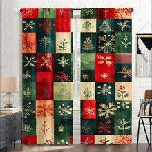 2pcs Patchwork Christmas Pattern Curtains, Retro Design Light - Filtering Polyester Curtains For Christmas Home Windows, Rod Pocket Curtains For Living Room & Bedroom Decor