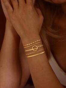 5pcs Elegant Gold-Plated Bracelet Set, Suitable For Women And Girls As Hand Accessories