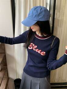 Christmas & New Year Letter Print Striped Contrast Collar Long Sleeve Crew Neck Sweater Top For Women, Casual College Style Suitable For Outings And Commuting, Autumn/Winter - Royal Blue - View 3