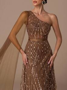 Luxuriöses asymmetrisches Ballkleid mit fließendem Chiffon-Cape und schmalem Taillengürtel, raffiniertes A-Linien-Paillettenkleid mit tiefem Rückenausschnitt und Kreuzriemen-Design sowie ausgestelltem Rock für formelle Abendessen, Hochzeitspartys, Gala-Events, Wohltätigkeitsbälle, elegante Kleider für Frauen