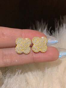 2pcs/Set Silver-Tone Cubic Zirconia Clover Earrings, Elegant Jewelry Gift For Women, Casual & Refined - Full Diamond Four Leaf Clover - View 5