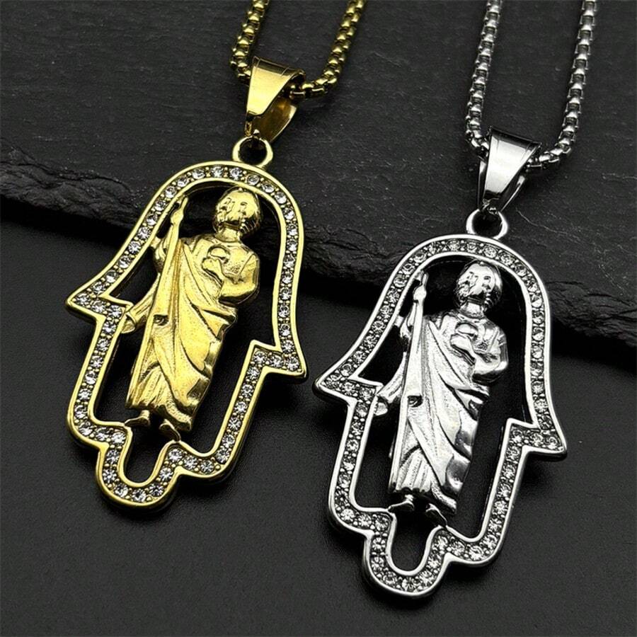 Hamsa Hand Tadeo Strasshänge Halsband, Rostfritt Stålkedja, Kristna Fatima Hand Amulettsmycken, Festgåva - halsband - Visa 1