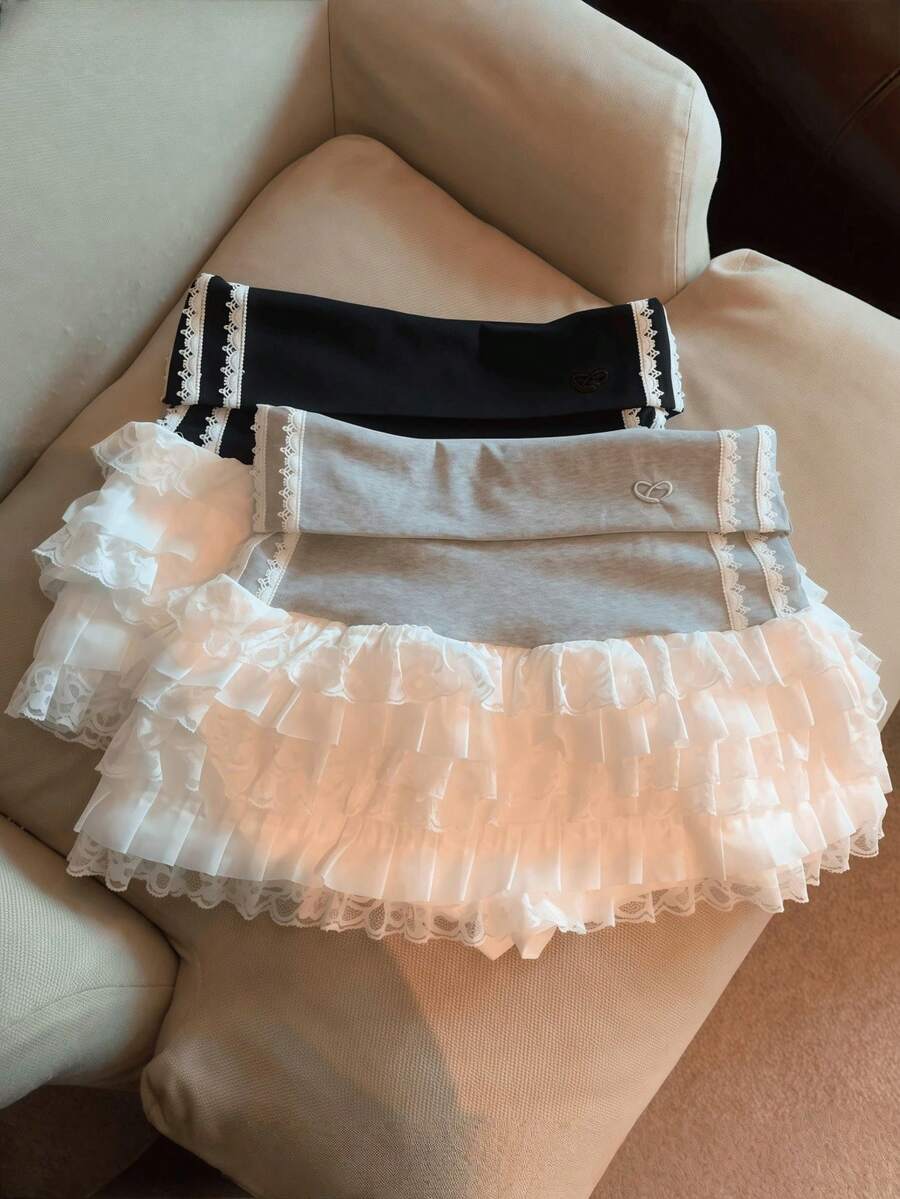 1件甜美蕾丝拼布撞色高腰蛋糕迷你裙 - 彩色 - 查看 1