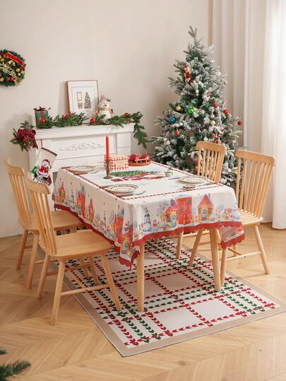 1pc Christmas Print Tablecloth With Folded Edges, Decorative Dining Table Cover For Holiday Decor