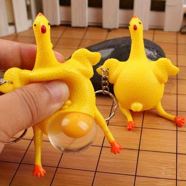 1pc Funny Mini Chicken Keychain, Squeezable TPU Egg-Laying Duck Toy, Creative Novelty Key Ring, Humorous Gag Gift, Yellow