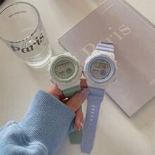 1pc Round White & Sky Blue Contrast Color Soft Plastic Strap Men's Watch, With Week Alarm Date Chronograph Luminous Digital Electronic Watch Suitable For Casual, Campus Life And Light Sports