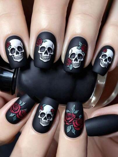 24pcs Halloween Nail Stickers, Matte Black Rose Skull Square Nail Art Stickers, Includes 1 Nail File And 1 Jelly Gel Nails