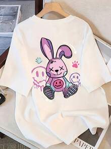 Camiseta de manga corta de algodón puro estilo Y2K para mujeres - Ajuste suelto con estampado de conejo de caricatura, parte superior de cuello redondo para ropa casual de primavera verano otoño, ropa de primavera verano, textura suave, ropa casual duradera - Blanco - Ver 2
