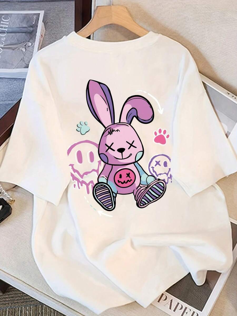 Camiseta de manga corta de algodón puro estilo Y2K para mujeres - Ajuste suelto con estampado de conejo de caricatura, parte superior de cuello redondo para ropa casual de primavera verano otoño, ropa de primavera verano, textura suave, ropa casual duradera