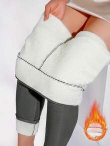 1pc Comfortable & Warm Fleece Leggings, Casual Elastic Pocket High Waist Full Length Leggings, Autumn/Winter - Clear - View 4