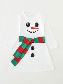 Conjunto de vestido de manga larga con cuello redondo y estampado de muñeco de nieve + decoración con cinturón para niñas, otoño/invierno - Blanco - Ver 3