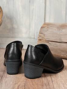 Bottes de cheville décontractées à talon épais avec fermeture éclair latérale pour femmes en automne/hiver, bottes Chelsea à talon épais, bottes de moto, bottes d'équitation, bottes d'hiver, bottes pour femmes, chaussures d'hiver, talons hauts noirs - PU noir - Voir 6