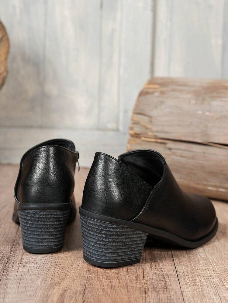 Fall/Winter Women's Fashion Chunky Heel Side Zipper Casual Ankle Boots, Chunky Heel Chelsea Boots, Motorcycle Boots, Riding Boots, Winter Boots, Women's Boots, Winter Shoes, Black High Heels - PU Black - View 5