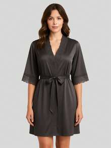 Luxury Romantic And Lace Robe Comfortable Bathrobe Night Line Bride And Maternity - Negro - Ver 2