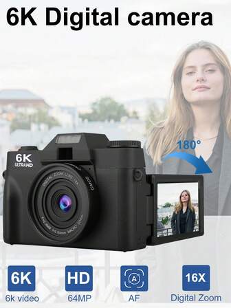 Cámara digital Ourlife 6K para fotografía y video con enfoque automático, anti-vibración, 64Mp, cámara compacta para vlogging con pantalla de 3" giratoria 180°, flash, batería de 1500mAh, zoom digital 16x