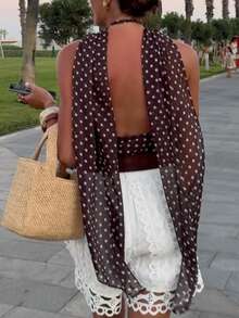 复古法式波点露背吊带休闲度假上衣，女士夏季款 - 棕色 - 查看 9