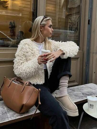 Women's Casual Cute Faux Fur Jacket, Y2K Street Style Coat, Button-Up Fluffy Cardigan, Knitted Sweater Cardigan, Warm & Comfortable Outerwear For Autumn/Winter, Women's Apparel, Christmas & Thanksgiving Gift, Suitable For School, Dates, Parties And More