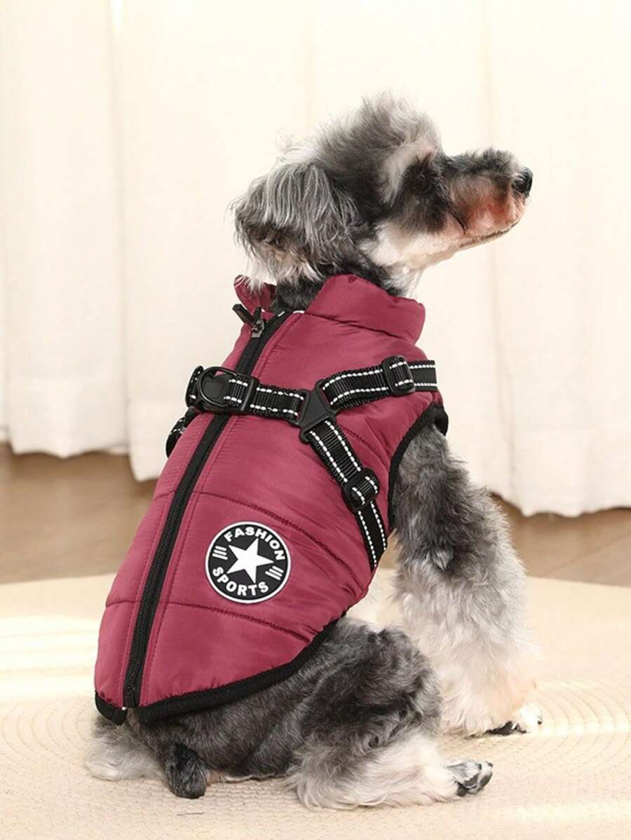 1 件套宠物衣服狗狗夹克加厚外套小型犬背心牵引带胸背带冬季保暖服装 - 紫色 - 查看 1