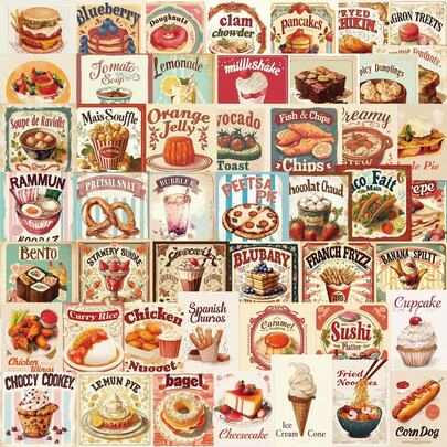 50Pcs Vintage Food Stickers Poster Snack Stickers Dessert Stickers 90s Stickers Aesthetics Stickers Pack Scrapbook Stickers Book Stickers Vinyl Stickers For Laptop Skateboard Journal Water Bottle Notesbook Computer Phone Cup Guitar Luggage Etc