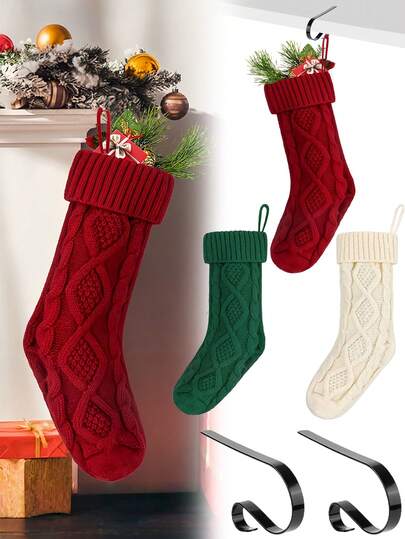 Bas de Noël de 45 cm, grand bas de Noël tricoté en câble avec crochet, rouge, ivoire, vert, décoration de fête de Noël, pour la famille, fête de Noël, cadeaux de Noël, décoration de cheminée, décoration d'hiver