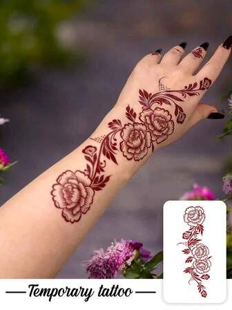 1 Blatt temporäre Tattoo Aufkleber wasserfest und schweiß-resistent, rote Rose Blume Rebe, lebendige Mode Henna Fake Tattoo Pflanze, Temporäres Tattoo, beliebt für Geburtstag, Hochzeit, Party Dekoration