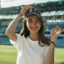 Fun Six Seven 6 & 7 Meme Number 67 Iconic Logo Snapback Cap - Unisex Black/White Large Number 67 Print, Casual & Hat For &, Machine Washable Non-Stretch Fit (94873) - 沙/ - 查看 5