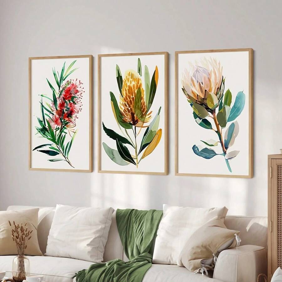 3 pièces/set Impressions d'art de peinture à l'huile de fleurs indigènes australiennes, affiches botaniques, art décoratif, style vintage et campagnard, décoration murale florale de thème printanier, avec affiche peinte de portrait d'intérieur, convient pour la décoration de la maison, de la chambre, du salon, de la salle de bain, décoration murale, avec option de cadre