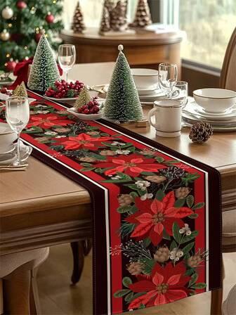 1pc Christmas Poinsettia Table Runner, Linen-Like Christmas Table Runner, Table Runner, Table Runner, 1pc Table Runner, 4pcs Placemats, 1pc Pillow Cover, 3 Products Available, Seasonal Home Decor Indoor/Outdoor Party Supplies, Winter Home Decor, Christmas Decoration, Christmas Room Decor, Christmas Party Decoration