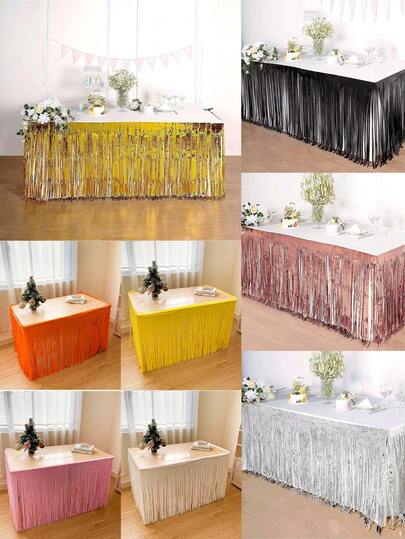 1 peça 75*275 cm Saia de mesa com franjas metálicas douradas, decoração de mesa de sobremesas para festa de aniversário de casamento, decoração de mesa para evento de formatura