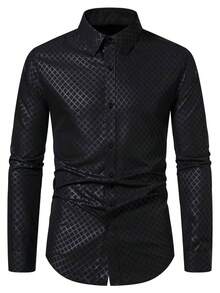 Men's Embossed Diamond Pattern Long Sleeve Formal Shirt, Fall