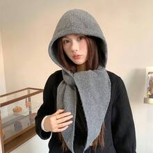 Red Balaclava Hat Women, Autumn And Winter Knitted Hat, Warm Ear, Windproof Shawl Hat And Scarf Combo - Khăn quàng cổ/mũ trùm đầu màu đen A-669 - Xem 5