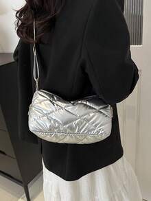 1 件绗缝闪亮涤纶拉链斜挎包，时尚女性日常使用 - 銀色 - 查看 4