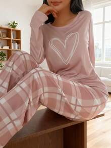Conjunto de pijama de top de manga larga y pantalones con estampado de dibujos animados en color rosa para mujer, ropa de otoño e invierno - Rosa Pálido - Ver 3