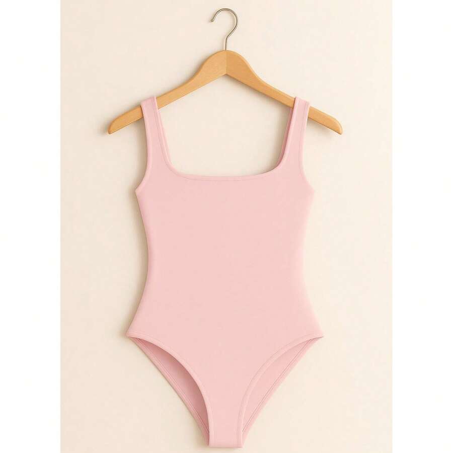 Women's Bori Bodysuit Square Neck Tank Top Thick Strap Basic Casual Blogger Suplex Various Colors Spring Summer - Màu Hồng baby - Xem 1