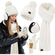 URATOT Women Winter Beanie Hat Scarf Gloves Ear Warmer 4 In 1 Set Beanie Pompom Hat Touchscreen Gloves Long Scarf Ear Warmer - 白色 - 查看 12