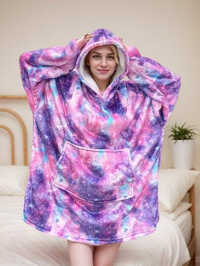 1 szt. koc z kapturem i nadrukiem frytek, flanelowy, 48 cali, bardzo duży, oversize'owy, swobodny, nadający się do noszenia koc z kapturem, odpowiedni dla mężczyzn i kobiet, bielizna nocna