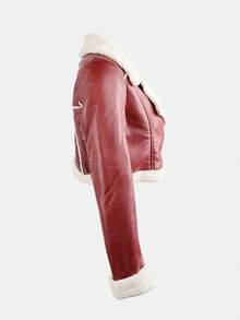Apperloth A Street Style Turndown Collar Zipper Cuff Teddy Thermal Lined PU Leather Short Motorcycle Jacket - Burgundy - View 4