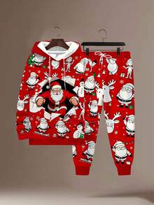 Plus Size Men's Christmas All-Over Print Set - Santa Claus Distressed Graphic Hoodie + Sweatpants 2 Pieces Outfit, Holiday Casual Sportswear - Red - View 2