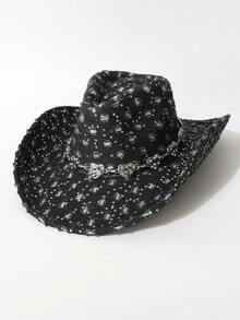 1pc Women's Fashionable Sequin Vintage Distressed Ombre Heart Chain Decor Denim Cowboy Hat, Fedora, Versatile Jazz Hat, Suitable For Parties, Western Themed Events, Gatherings, Cosplay, Graduation, Masquerade, Festivals, Birthday Celebrations, Music Festivals, Daily Wear