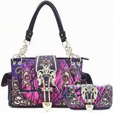 Camouflage Crown Buckle Western Concealed Carry Purse Floral Sparkle Country Handbag Women Shoulder Bag Crossbody Wallet Set - 紫色 - 查看 11