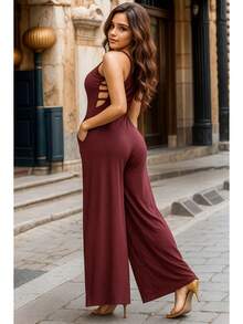 Long Pantaloon Jumpsuit With Adjustable Straps - Maroon - View 2
