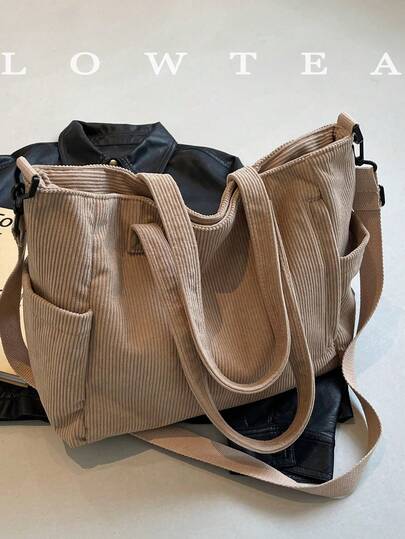 low tea 纯色灯芯绒面料拉链开合时尚手提包，适合女性日常使用 - 手提包、牛仔手提包、单肩包、斜挎包或手提包，适合学校、办公室、旅行