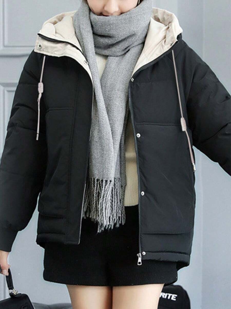 Abrigo corto de invierno para mujer, corte holgado, tallas grandes, chaqueta acolchada gruesa, con cremallera y capucha, diseño con bloques de color Abrigos de Invierno para Mujer - Negro - Ver 1