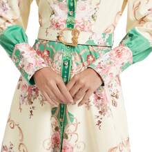 New Chinese Style Sweet Floral Print Stand Collar Lantern Sleeve High Waist Maxi Dress, Suitable For Women, Paired With Belt