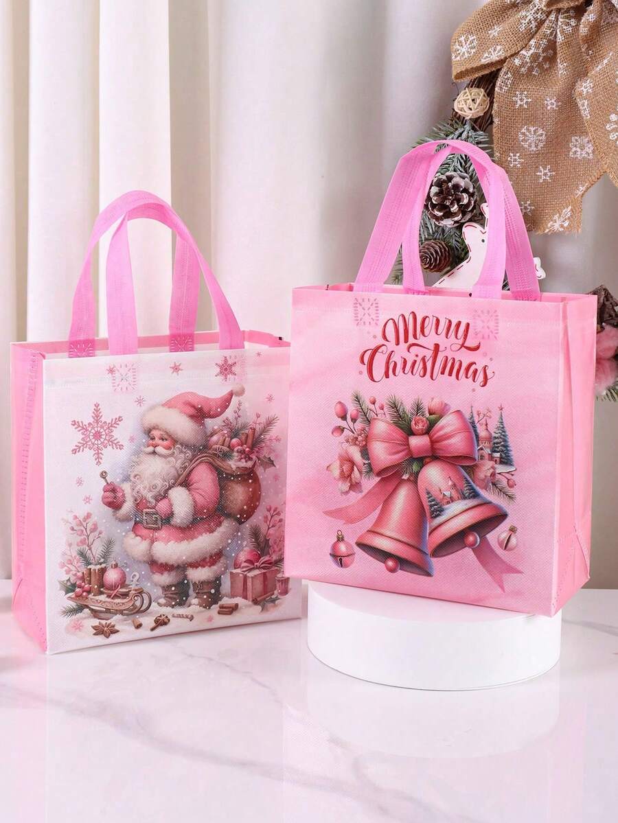 2 buc Pungi Tote roz de Crăciun cu mânere, Pungi cadou reutilizabile cu model de clopoțel de elan cu Moș Crăciun, Sacoșă de cumpărături, Pungi nețesute, Pungi pentru favoruri de petrecere, Decorațiuni festive de Crăciun pentru casă 2025 Cadouri de Crăciun Crăciun Anul Nou 2026 Pungi de ambalare