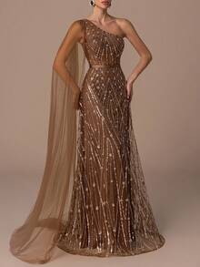 Luxuriöses asymmetrisches Ballkleid mit fließendem Chiffon-Cape und schmalem Taillengürtel, raffiniertes A-Linien-Paillettenkleid mit tiefem Rückenausschnitt und Kreuzriemen-Design sowie ausgestelltem Rock für formelle Abendessen, Hochzeitspartys, Gala-Events, Wohltätigkeitsbälle, elegante Kleider für Frauen